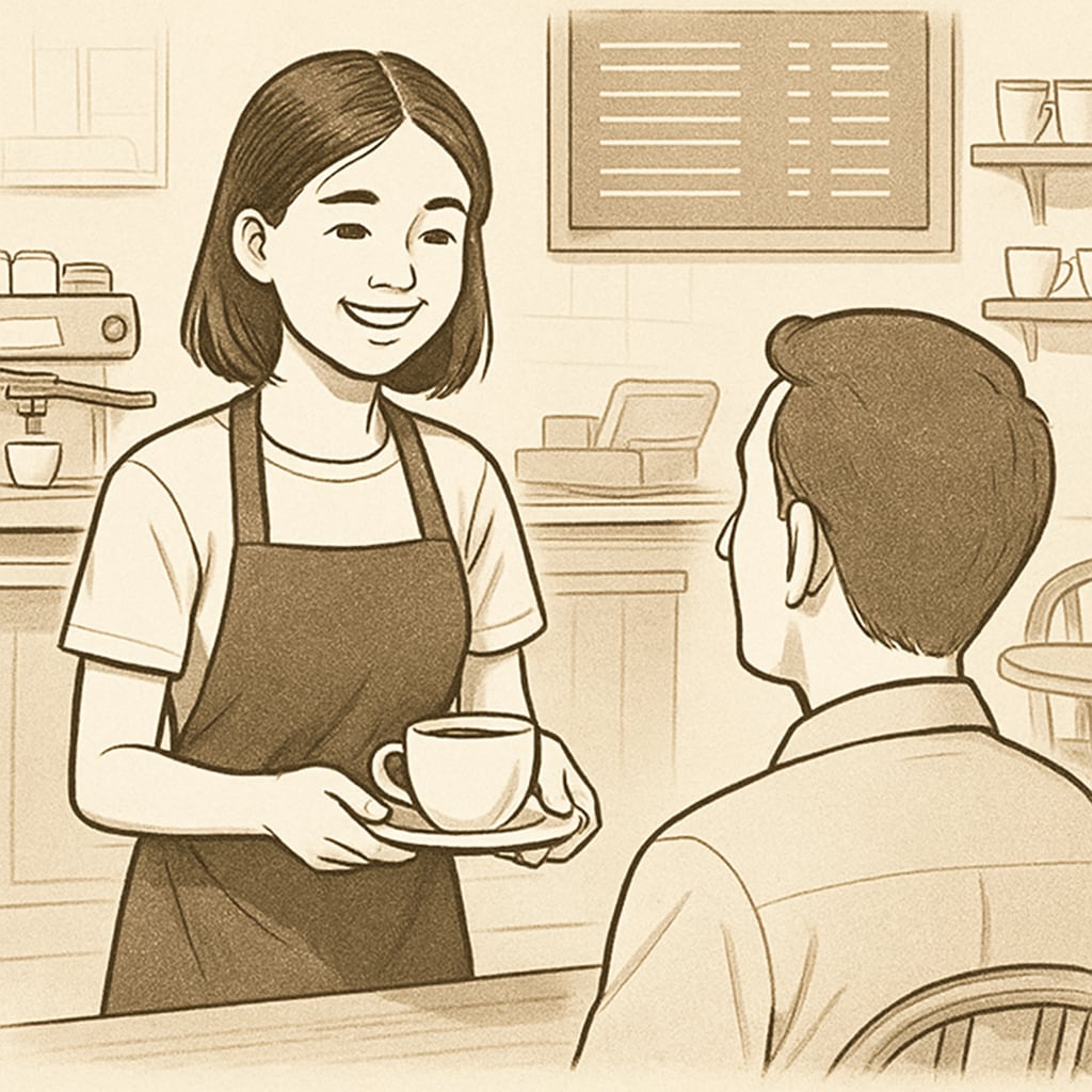 A high school student working at a local café, smiling while serving a customer. The image reflects the advantages of gaining real-world experience through part-time jobs. High school student working at a café and gaining real-world experience through a part-time job.