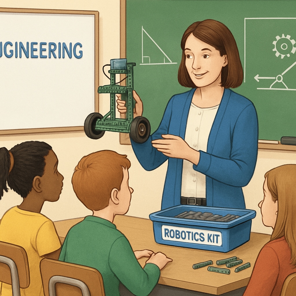 Teacher showing engineering concepts with a robotics kit in a classroom.