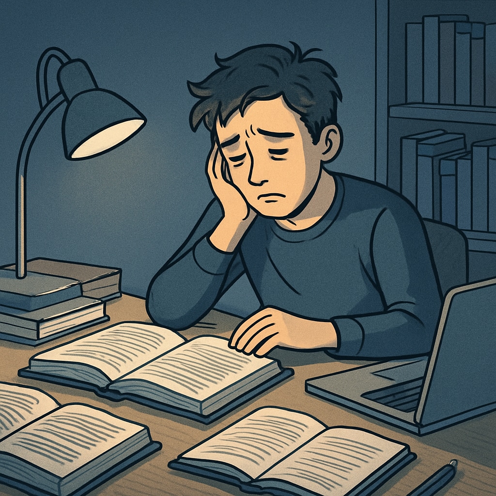 A student sitting at a desk late at night, surrounded by textbooks and a laptop, looking tired. This image highlights the potential challenges of balancing work and studies, such as exhaustion. A tired high school student studying late at night due to balancing work and academics.
