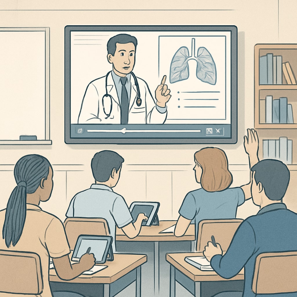 Students learning medical education through online courses.