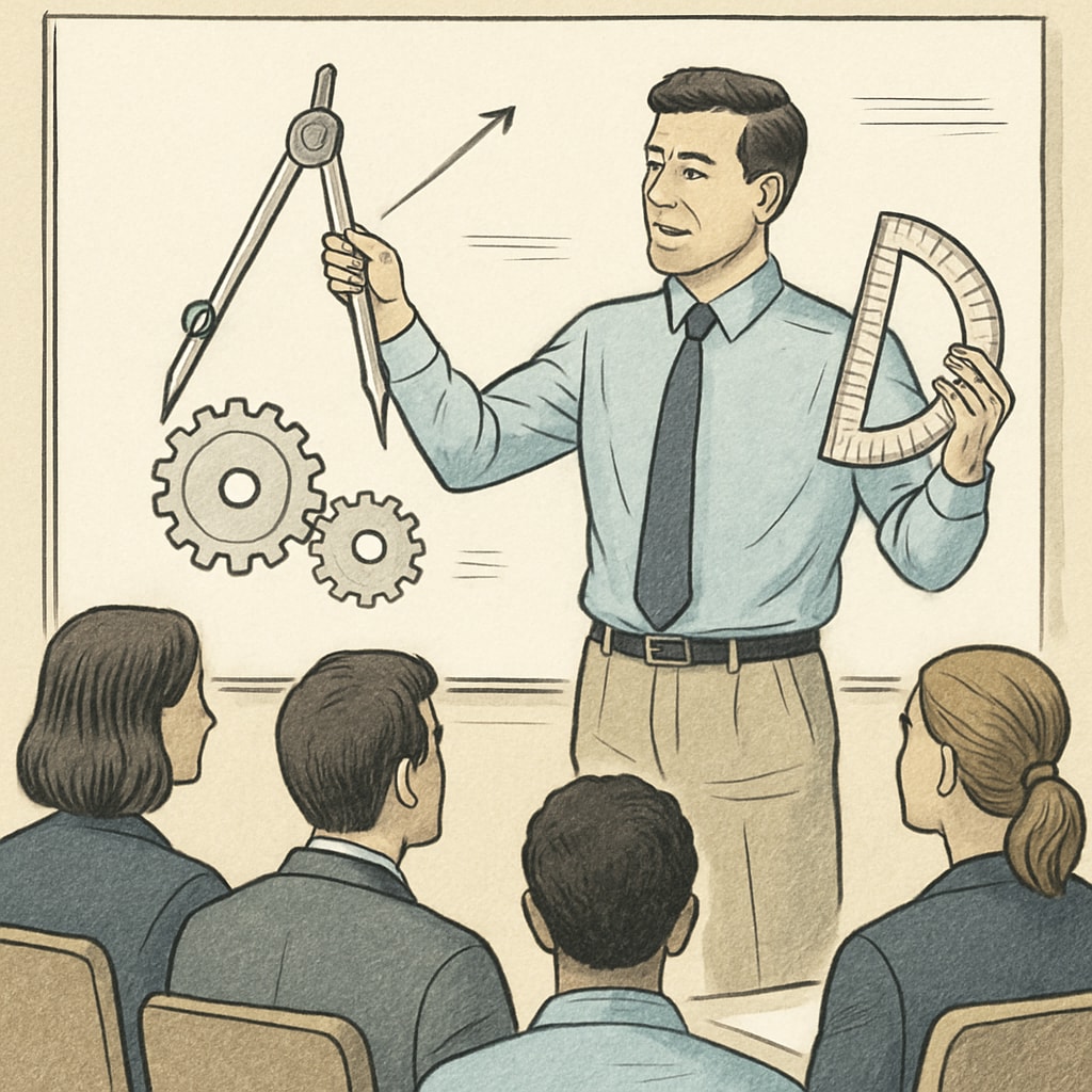 Corporate trainer teaching technical engineering concepts to a team.