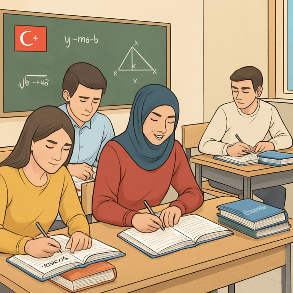 Turkish students experiencing exam pressure in a classroom setting.