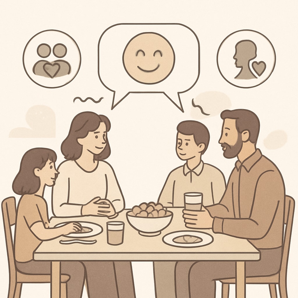 Family providing emotional support and connection to a teen by sharing a meal.