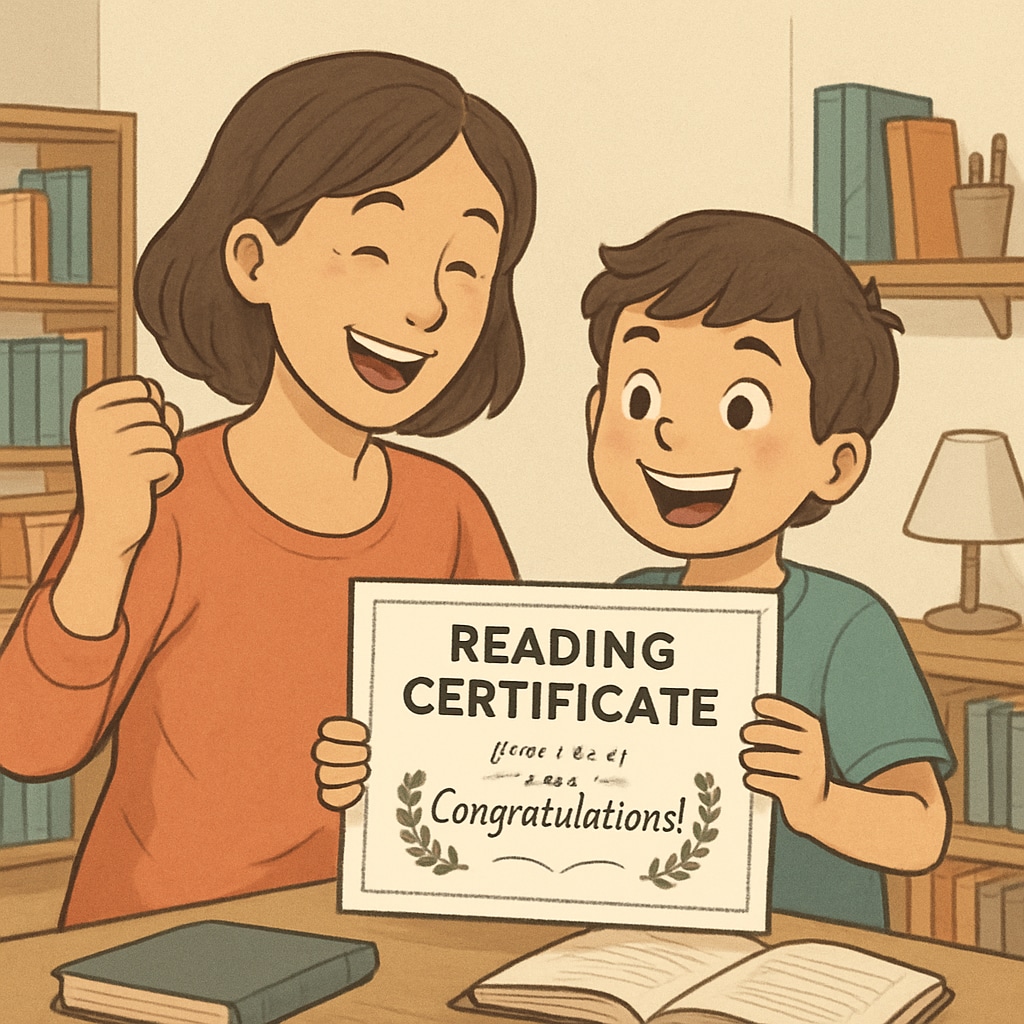Parent and child holding a colorful reading certificate to reward reading success.