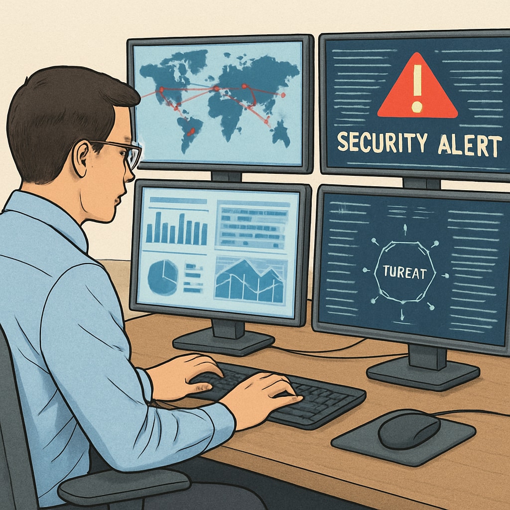 Cybersecurity professional analyzing network threats on multiple monitors.