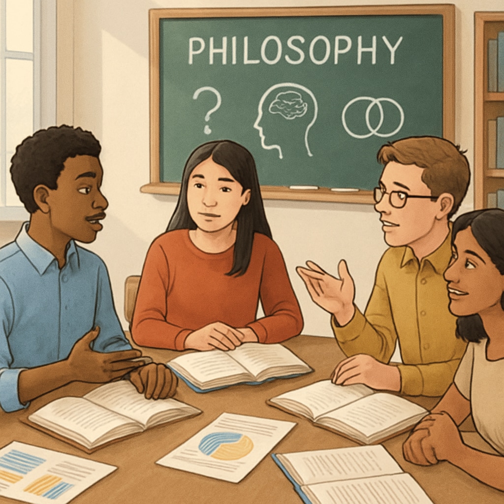 K12 students discussing psychology and philosophy in a classroom setting.
