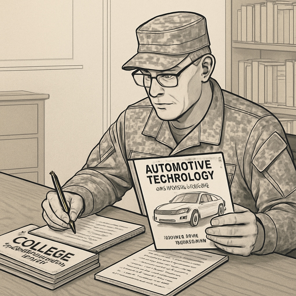 A veteran reviewing college brochures and exploring bachelor's degree options in automotive technology Veteran reviewing education materials for upgrading automotive associate degree
