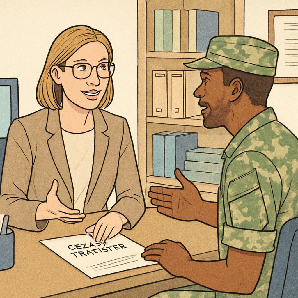 A college advisor discussing credit transfer options with a veteran student College advisor helping veteran student with degree planning