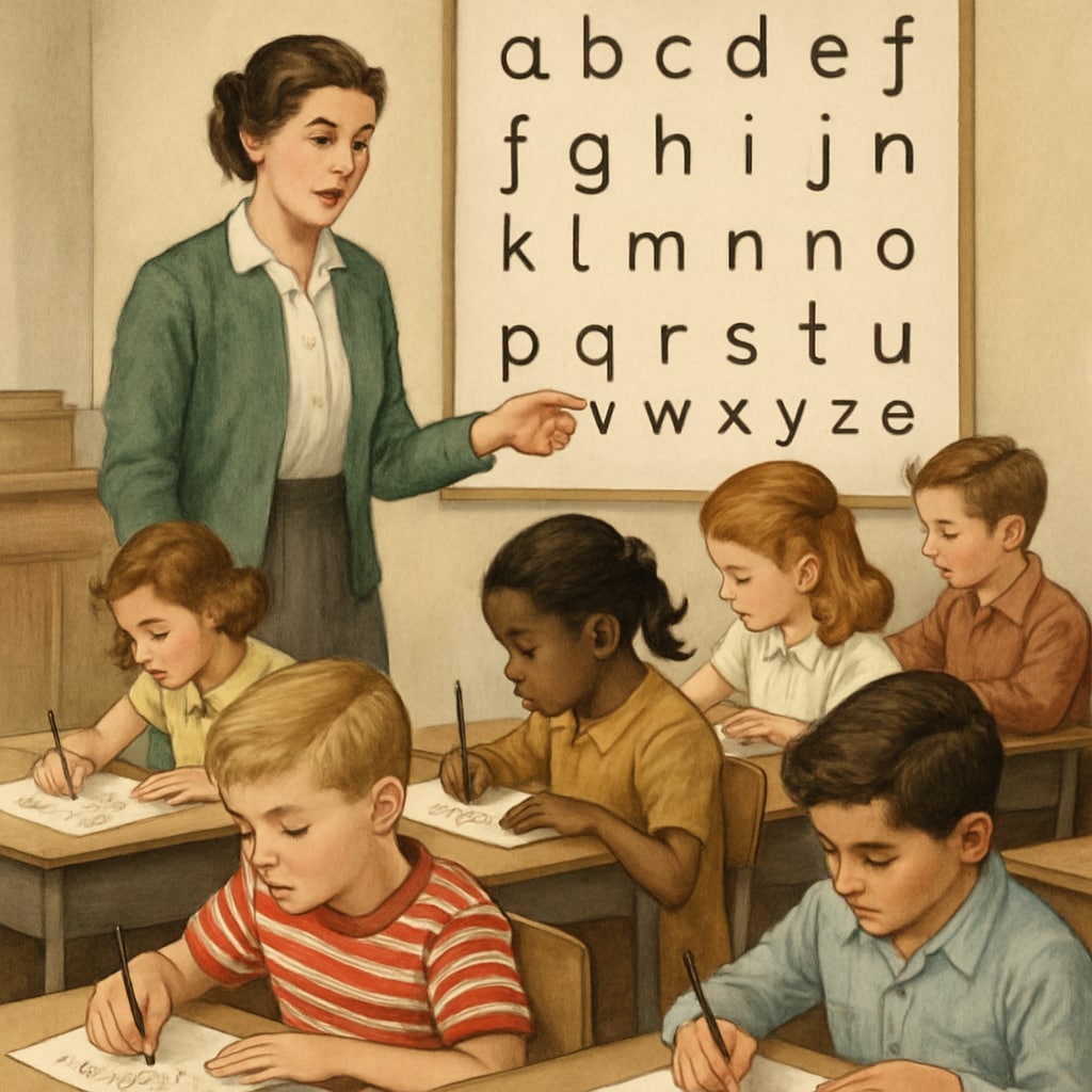 Students learning the ITA alphabet in a classroom during the 1970s.