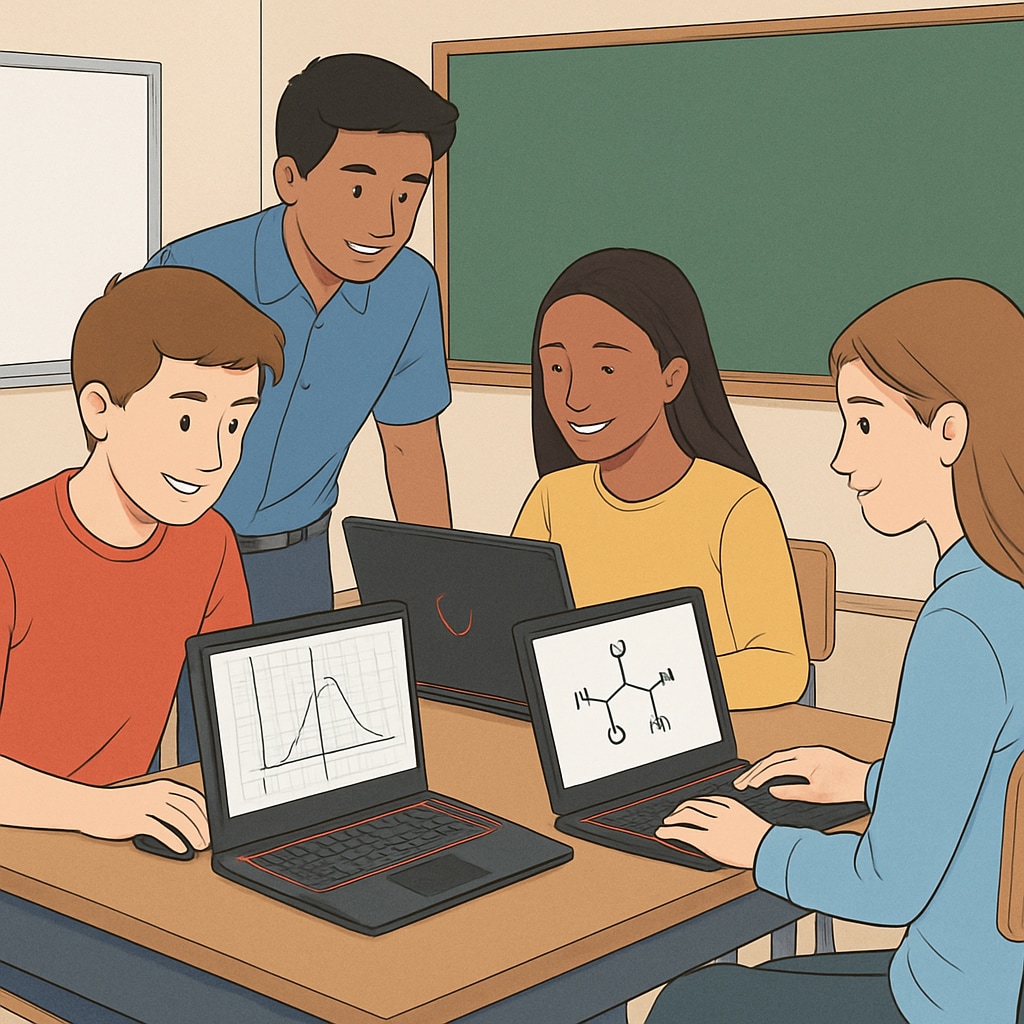Students using gaming laptops in a classroom for educational activities.
