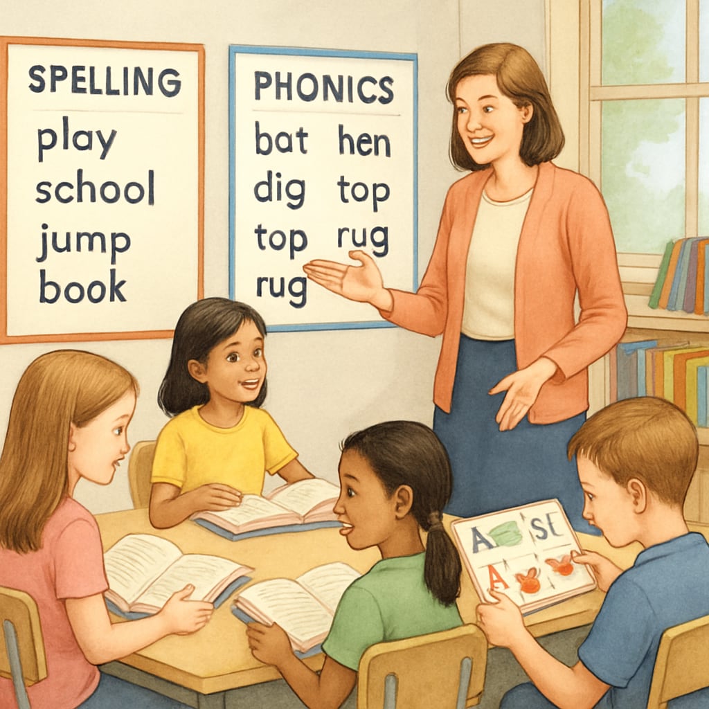 Balanced literacy instruction in a modern classroom, emphasizing standard spelling.