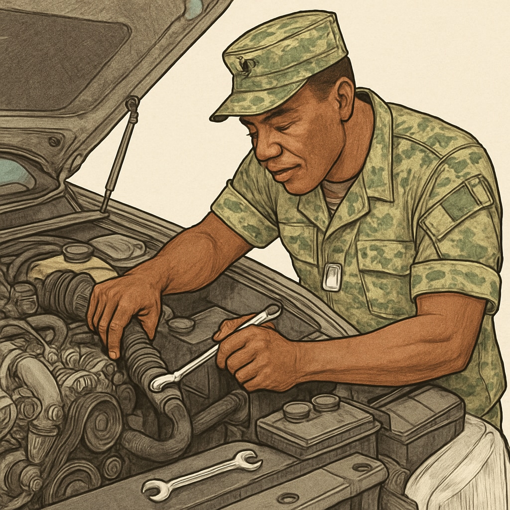Military veteran working on a car engine, symbolizing automotive technology expertise combined with military discipline.