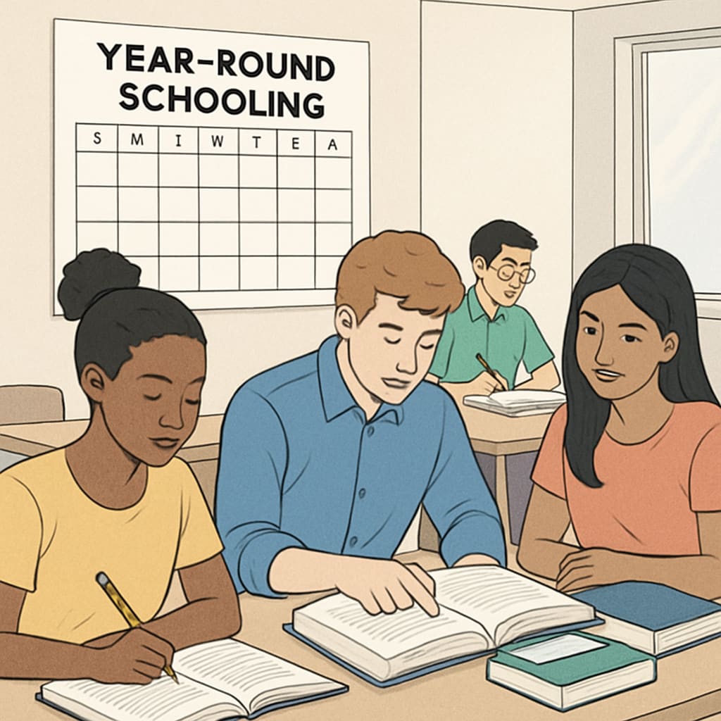Year-round schooling calendar with students in a classroom.
