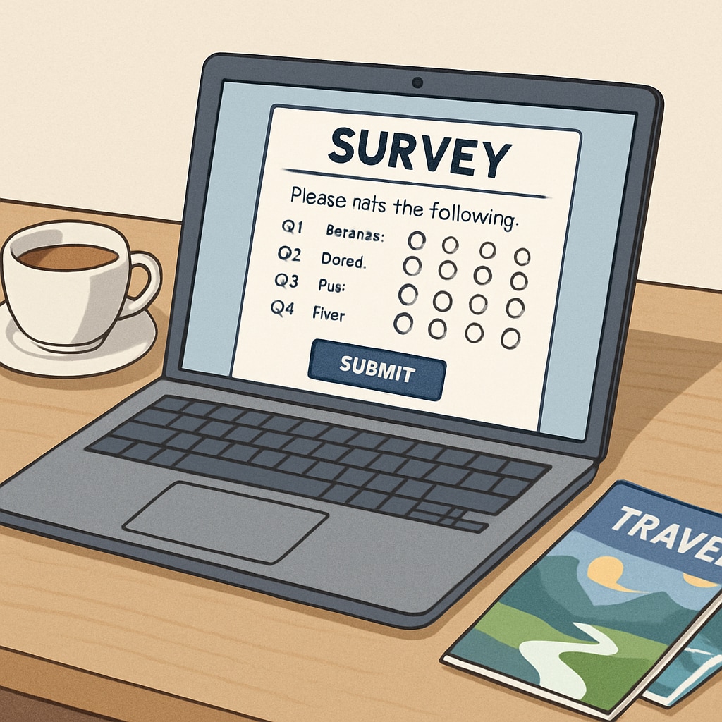 A survey form displayed on a laptop screen, with a coffee cup and travel brochures nearby. The image emphasizes the act of participating in research. Open survey form on a laptop, illustrating data collection for a travel study.