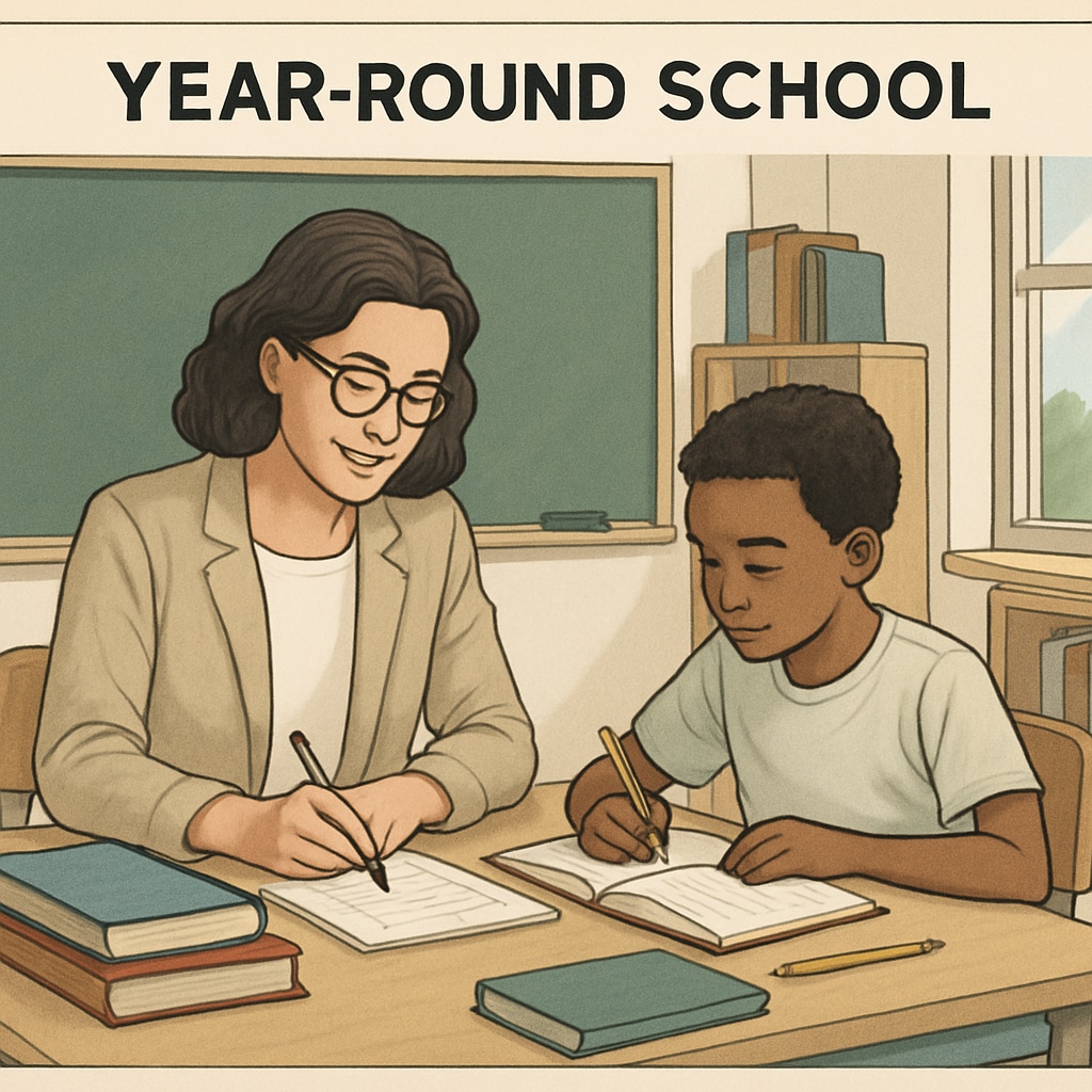 Teacher assisting a student during a break, showcasing year-round schooling flexibility.