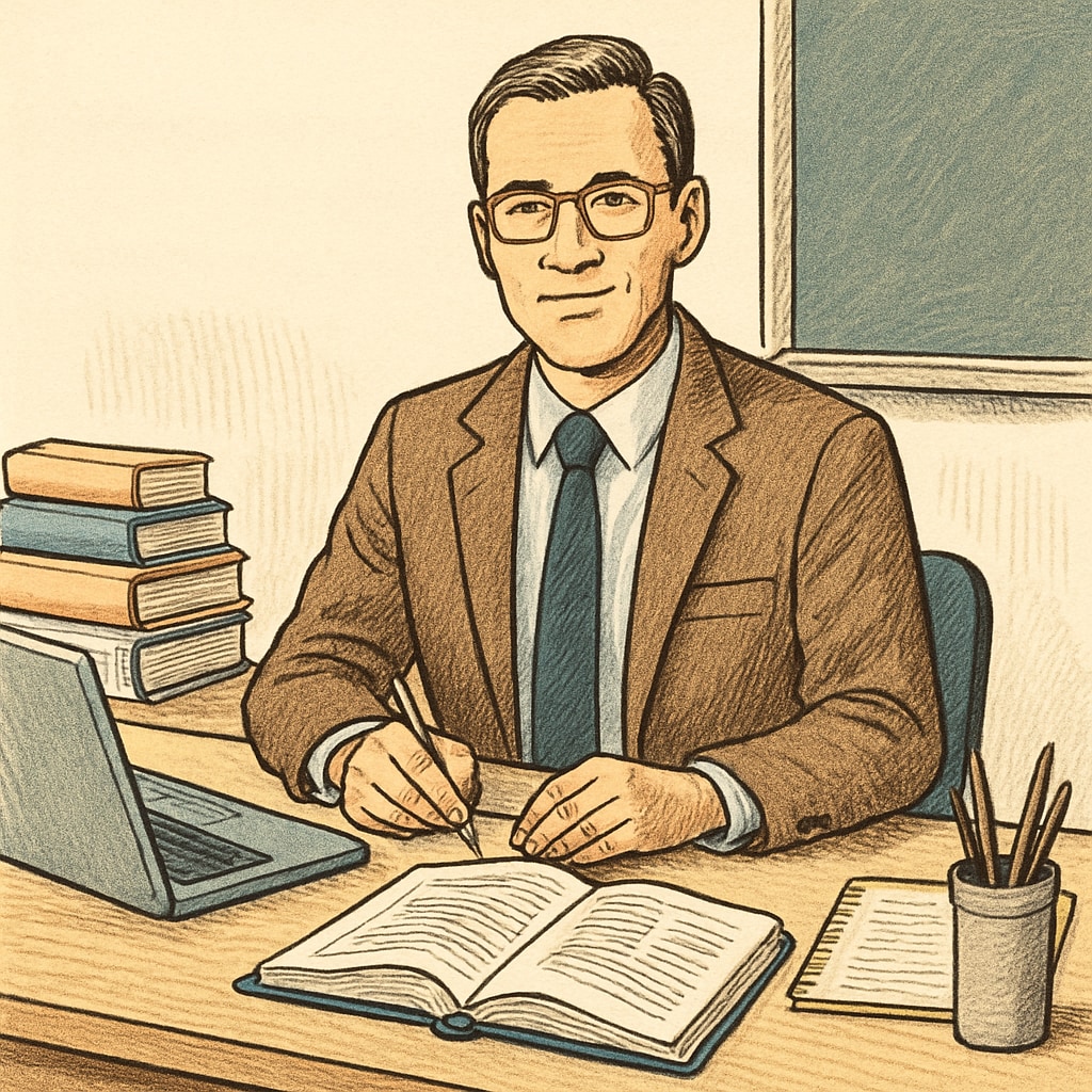 A professional educator sitting at a desk, surrounded by books and a laptop, symbolizing the balance between work and study. Educator balancing career and master’s degree, surrounded by books and a laptop.