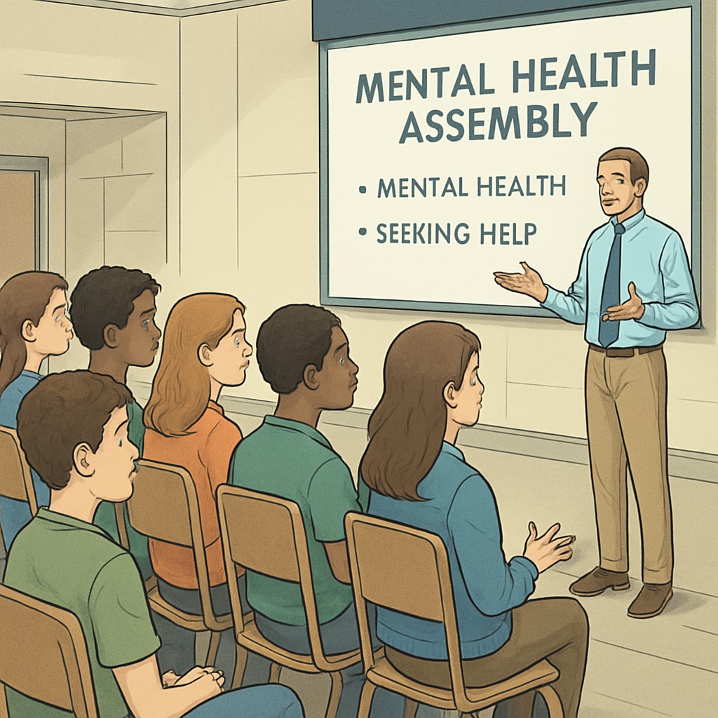 A group of teenagers attentively listening to a speaker during a mental health assembly, reflecting engagement and interest. High school students listening during a mental health assembly.