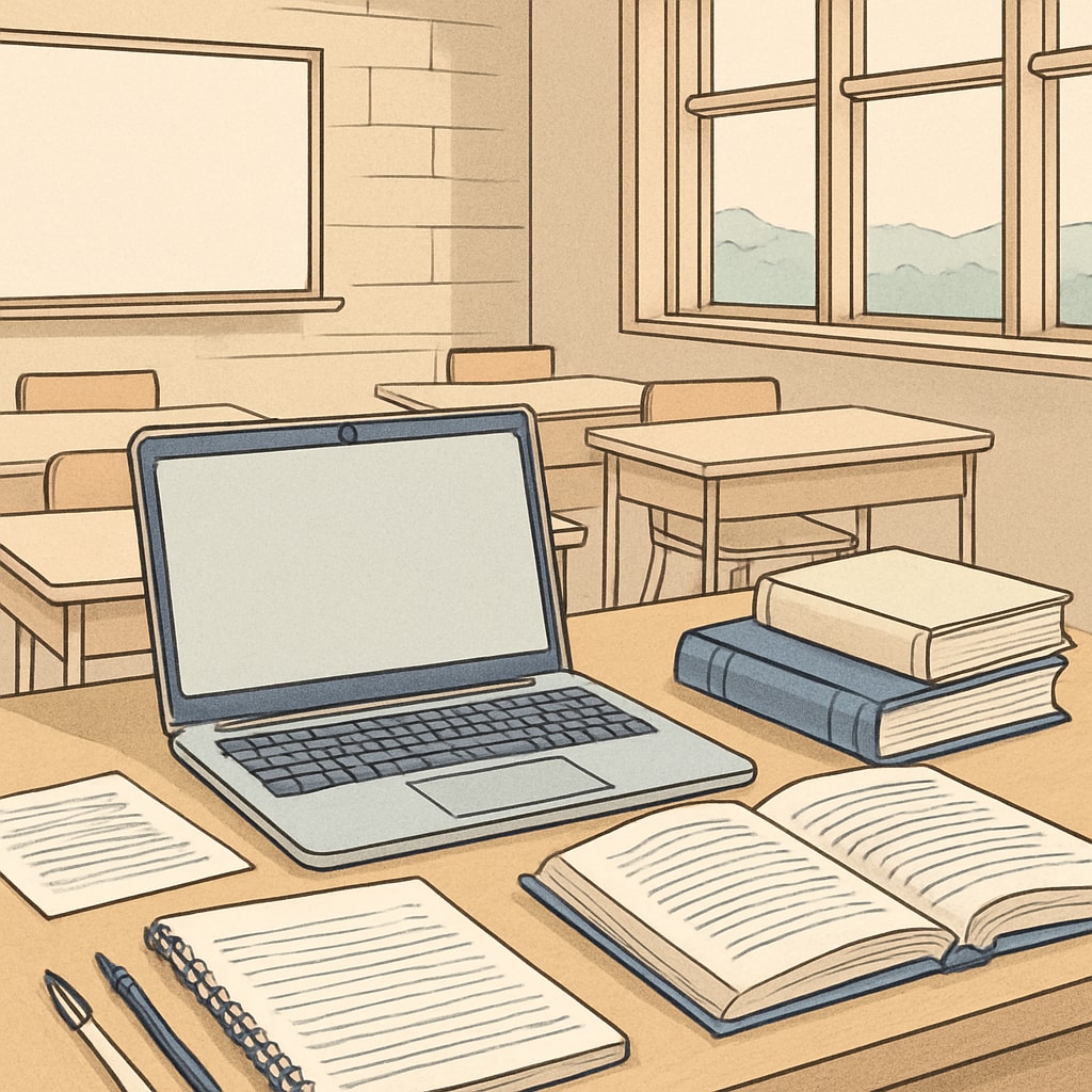A classroom setup with a laptop and study materials, representing the integration of work and education. Classroom setup with laptop, symbolizing work-education integration.