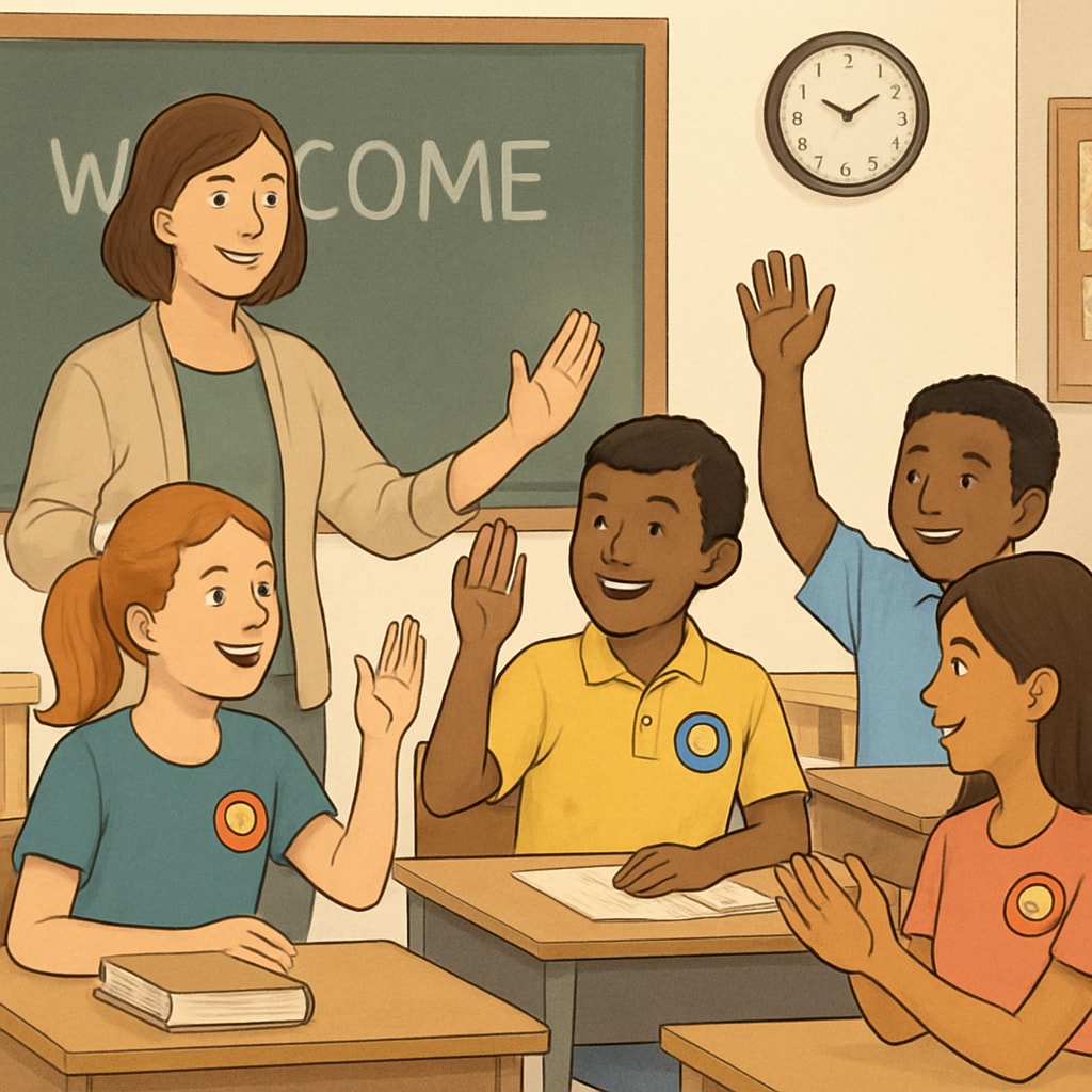 Students in a classroom, some with badges from a fundraising event, illustrating privilege-based rewards.