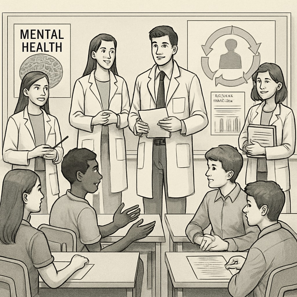 Medical students conducting a workshop with high school students, emphasizing mental health awareness and interaction. Medical students leading a mental health workshop for teenagers.