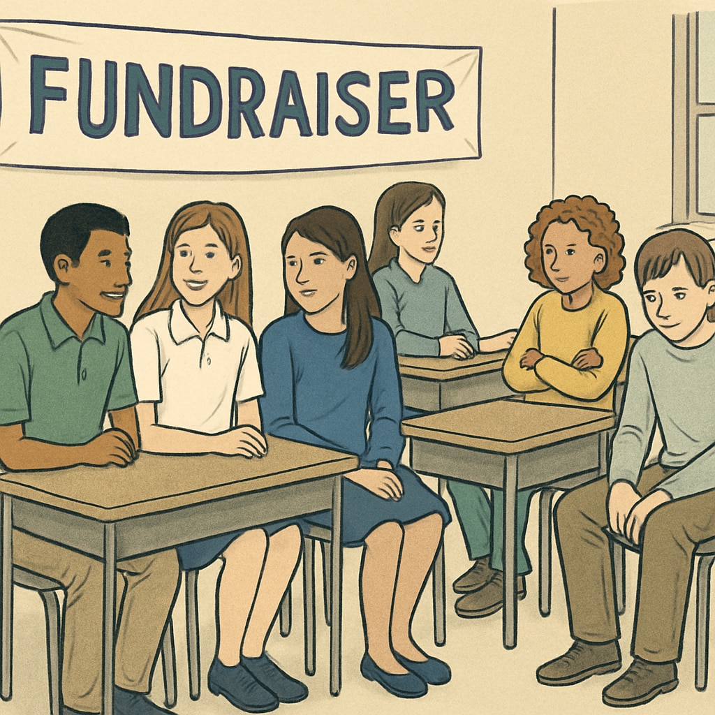 Students divided by fundraising rewards, highlighting the impact of economic disparity.