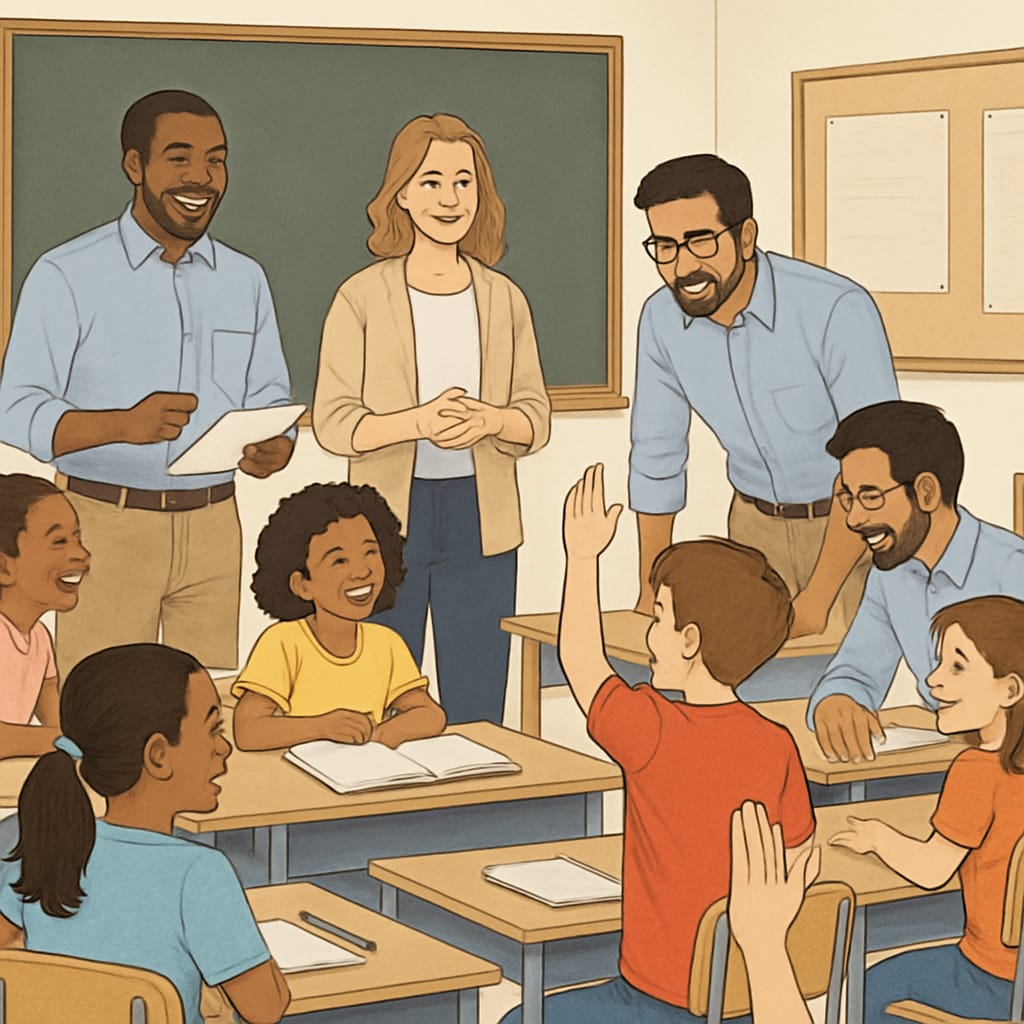 A diverse group of teachers engaging with students in a classroom.