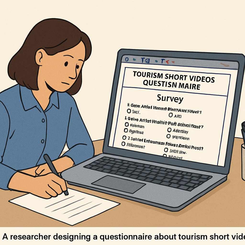 Researcher designing a questionnaire for tourism short videos with related content visible.