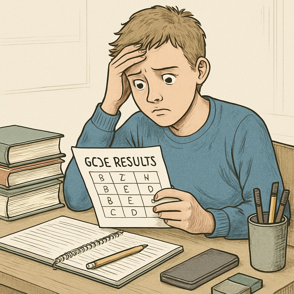GCSE results and self-doubt - a worried student reflecting on their grades.