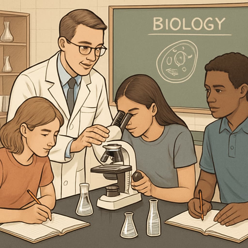 High school biology teacher guiding students in a classroom experiment.