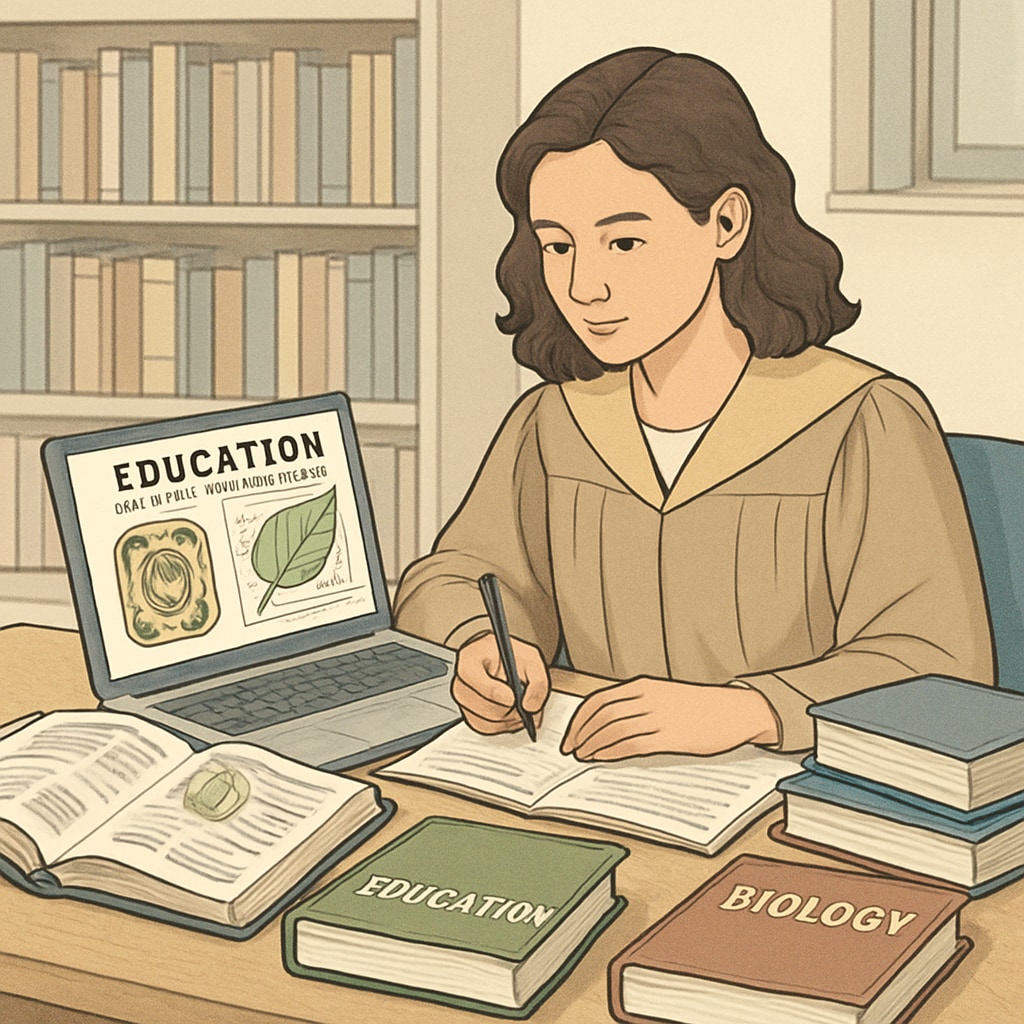 A biology graduate preparing for a Master's in Education with study materials.
