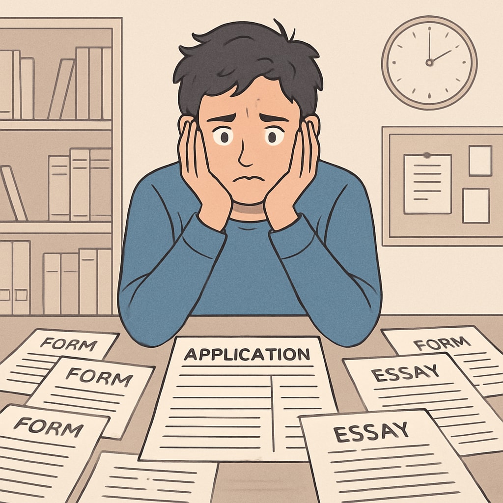 A student sitting at a desk surrounded by forms, essays, and application materials, appearing overwhelmed by the complexity of university applications. Student overwhelmed by university application complexity, surrounded by forms and materials.