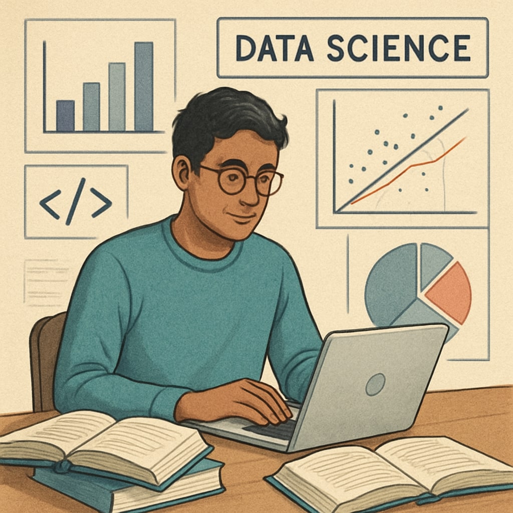 An international student preparing for university applications with a laptop and textbooks, emphasizing data science-related subjects. International student preparing for data science applications with study materials.