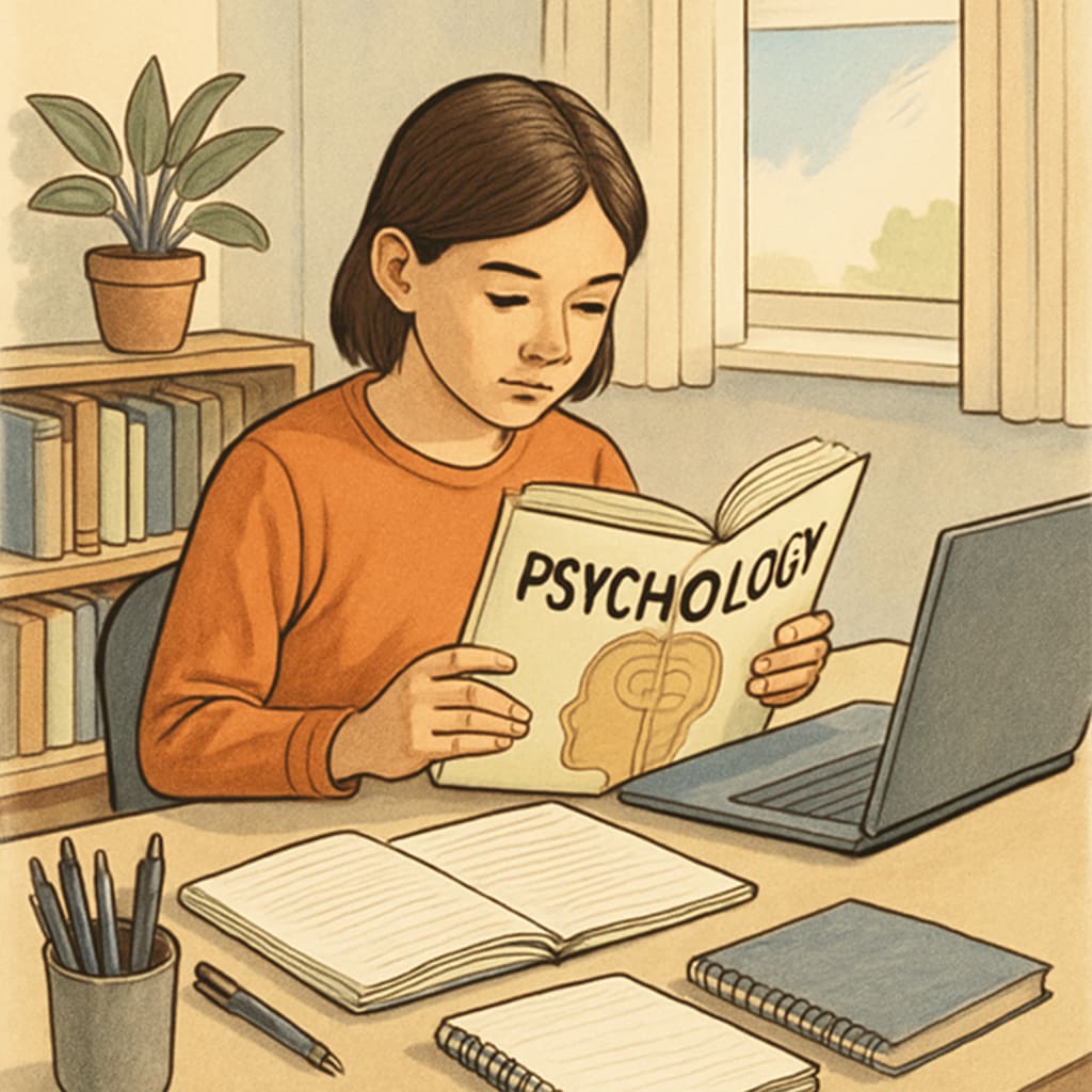 Student reading a psychology book at home surrounded by study materials for psychology and philosophy learning