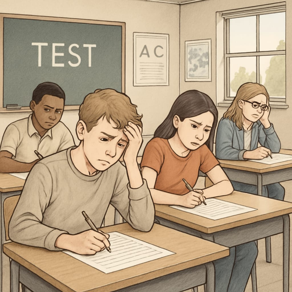 Students taking a standardized test in a classroom, showing expressions of focus and anxiety, highlighting the stress caused by testing requirements. Students taking standardized tests, showcasing stress and focus during exams.