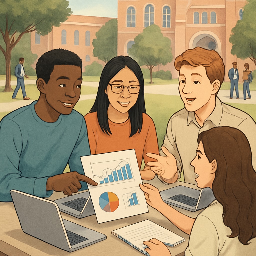 A diverse group of students discussing a data science project on a university campus, showcasing collaboration and diversity. Diverse students collaborating on a data science project on campus.