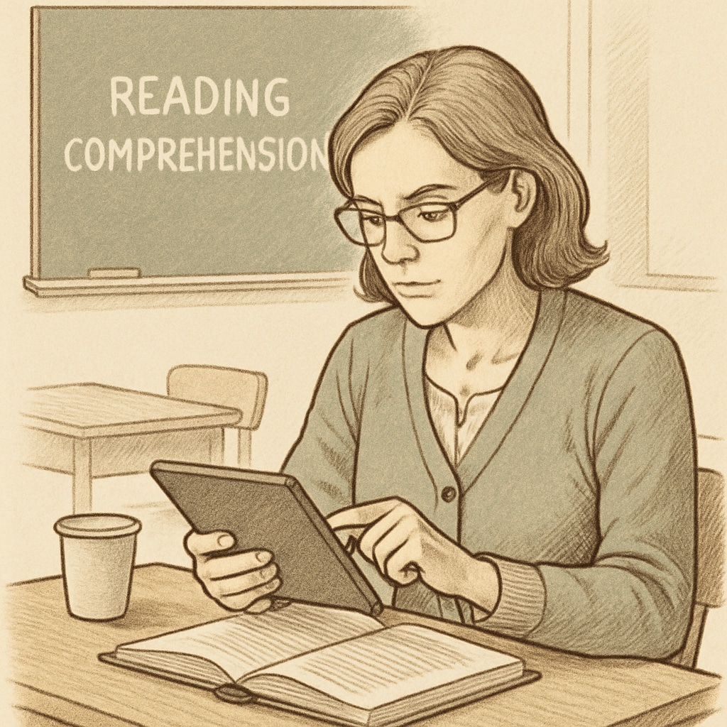 Teacher reviewing a text on a tablet for reading comprehension research.