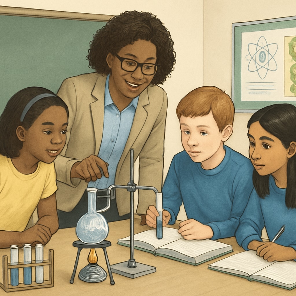 Diverse students conducting a science experiment with teacher guidance.