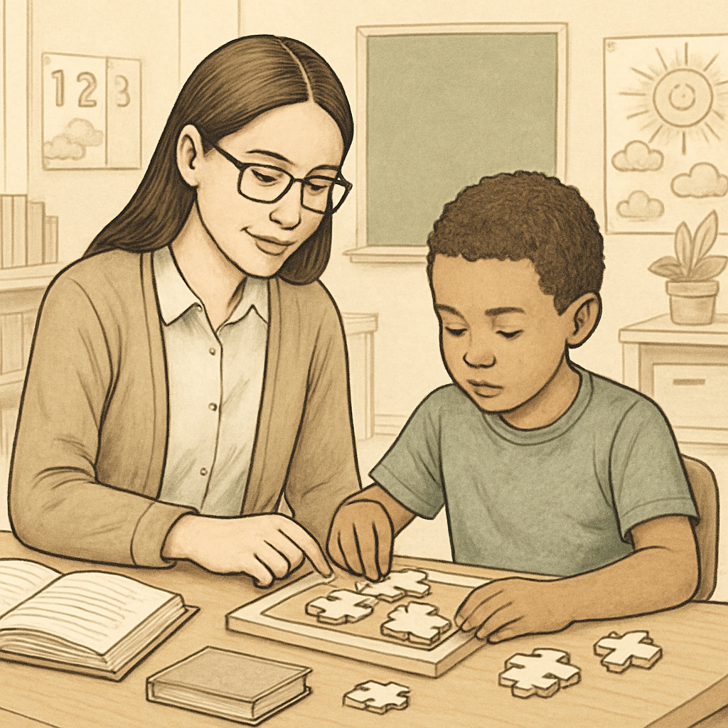 Teacher assistant working with autism spectrum child in special education classroom
