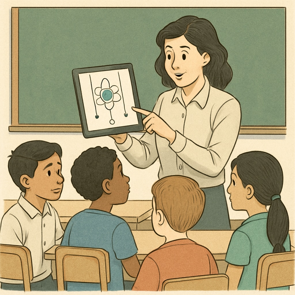 Teacher using a tablet to teach science to a diverse group of students.