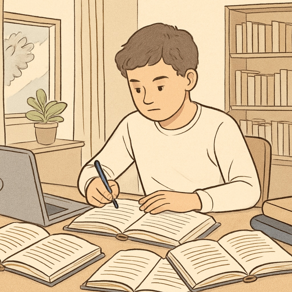 A student engaging in flexible learning at home with educational materials.