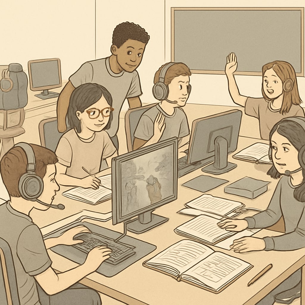 Students participating in esports and educational activities, showcasing teamwork and gamified learning.