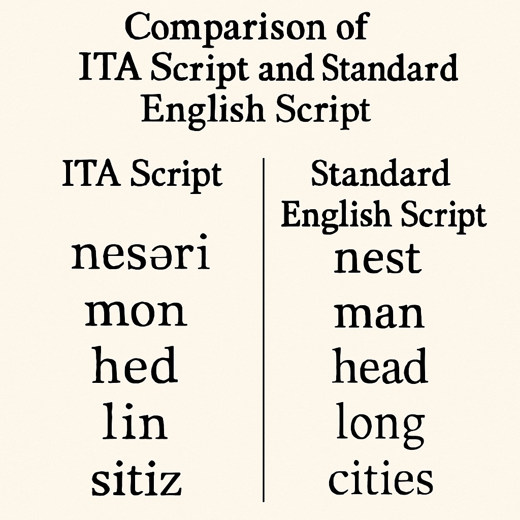 A side-by-side comparison of ITA script and standard English spelling systems.