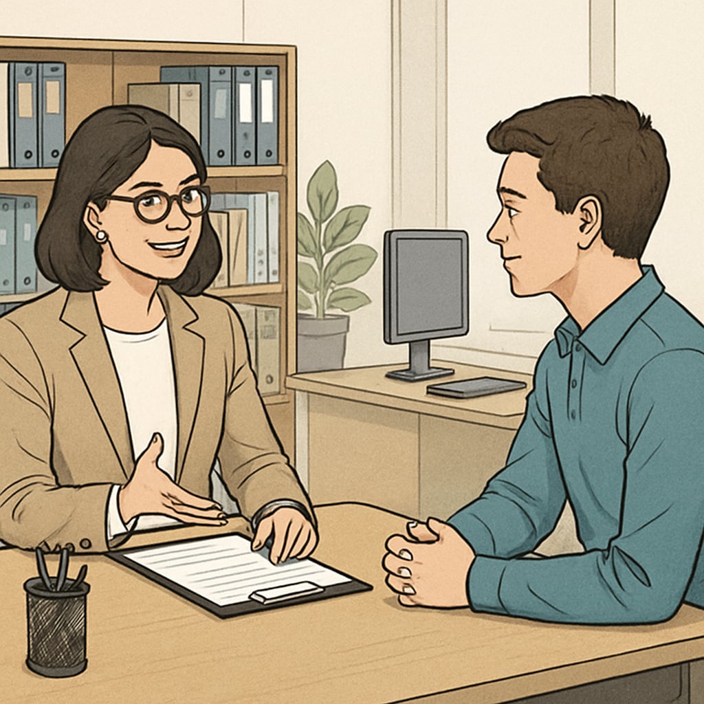 A career advisor guiding a young adult on educational pathways.