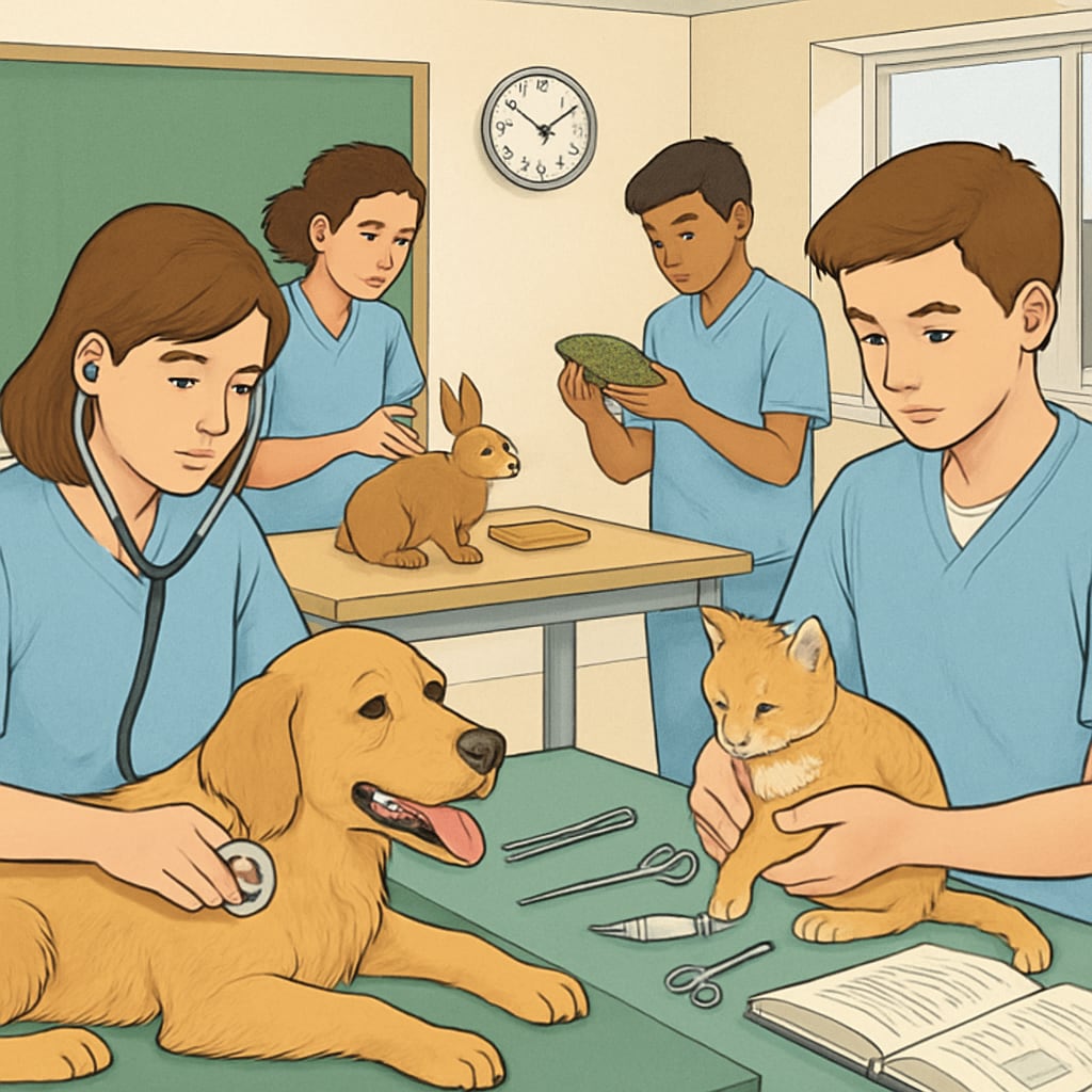 Students learning animal care skills in a vocational training program.