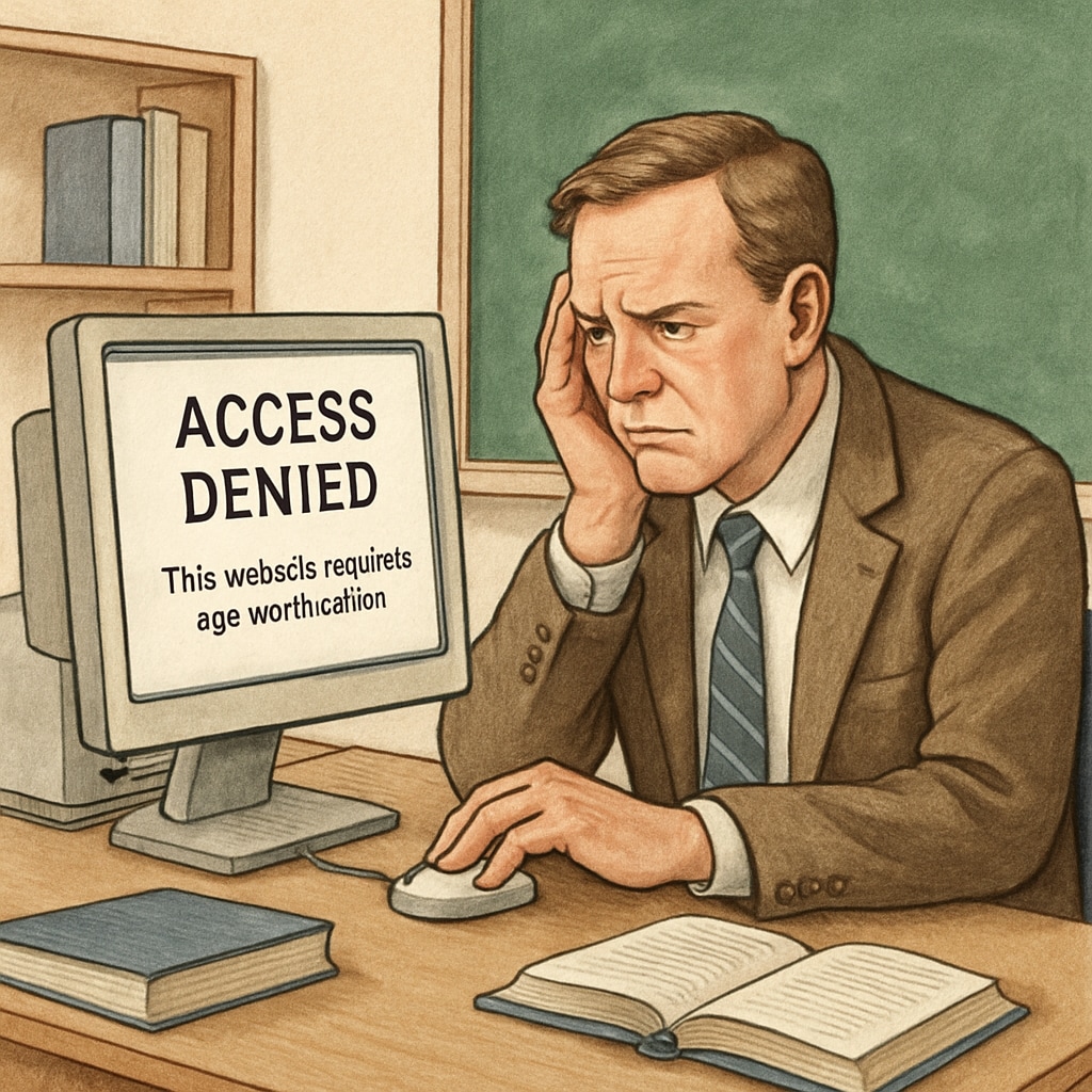 Teacher dealing with restricted website access caused by age verification rules.
