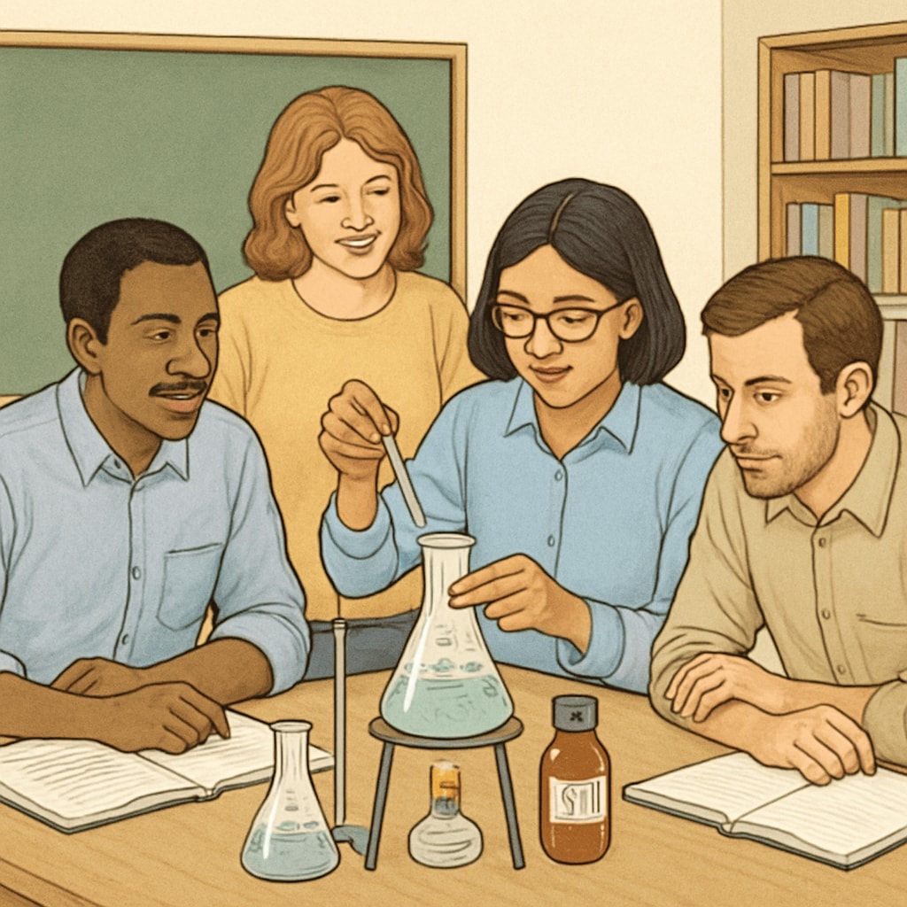 Adult learners conducting a science experiment as part of their return to education.