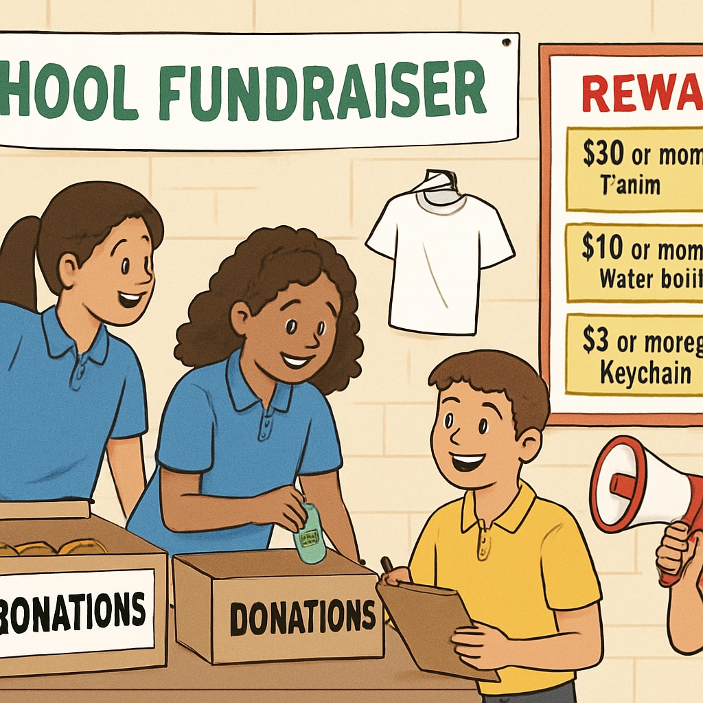 Students at a school fundraiser receiving tiered rewards based on donations.