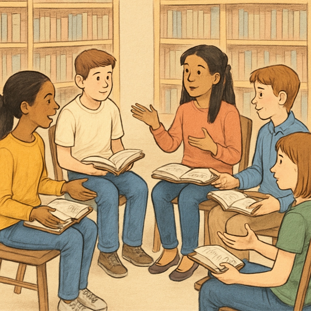 Young students participating in a library book club to discuss their favorite stories.
