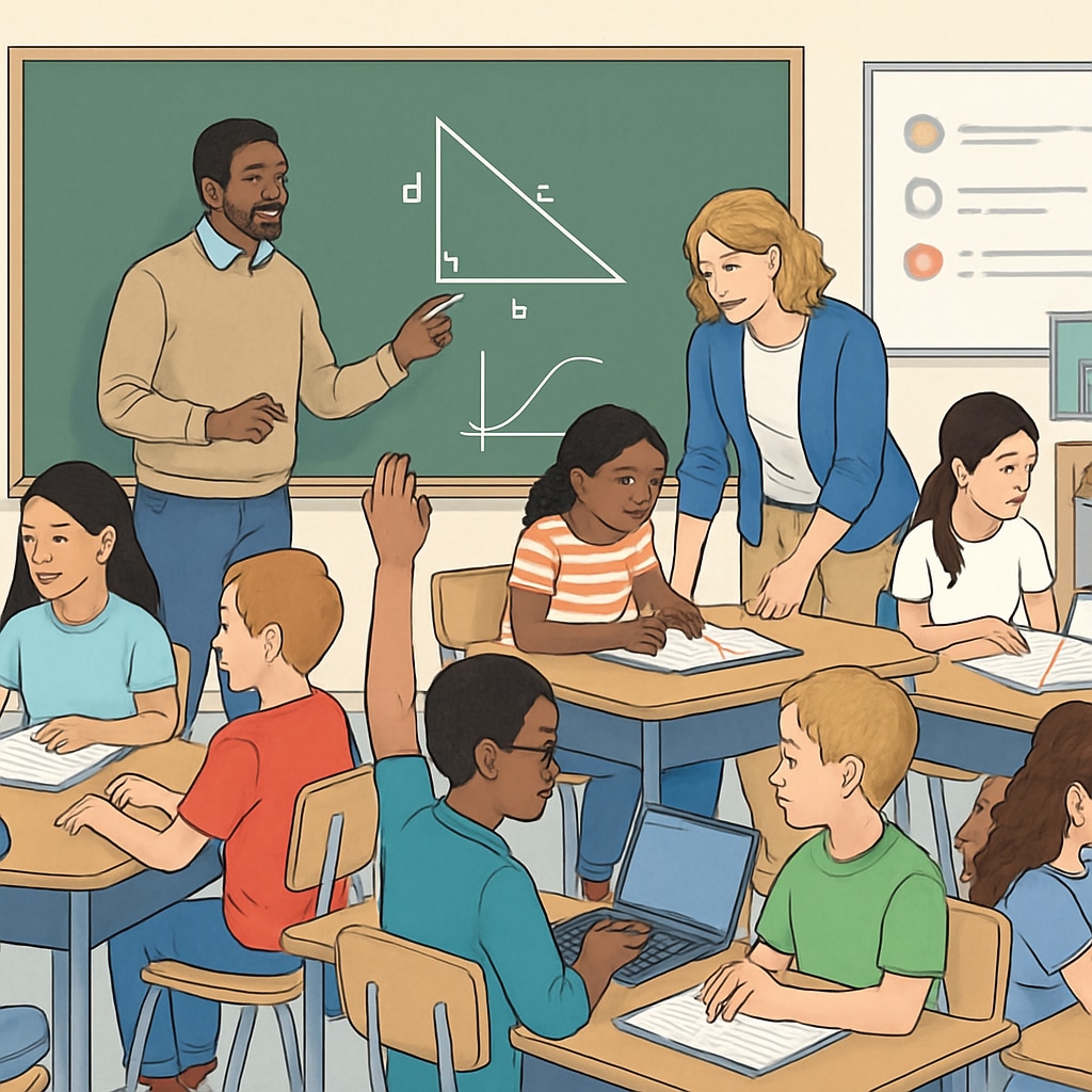 Public school classroom with students and teachers engaging in learning activities.