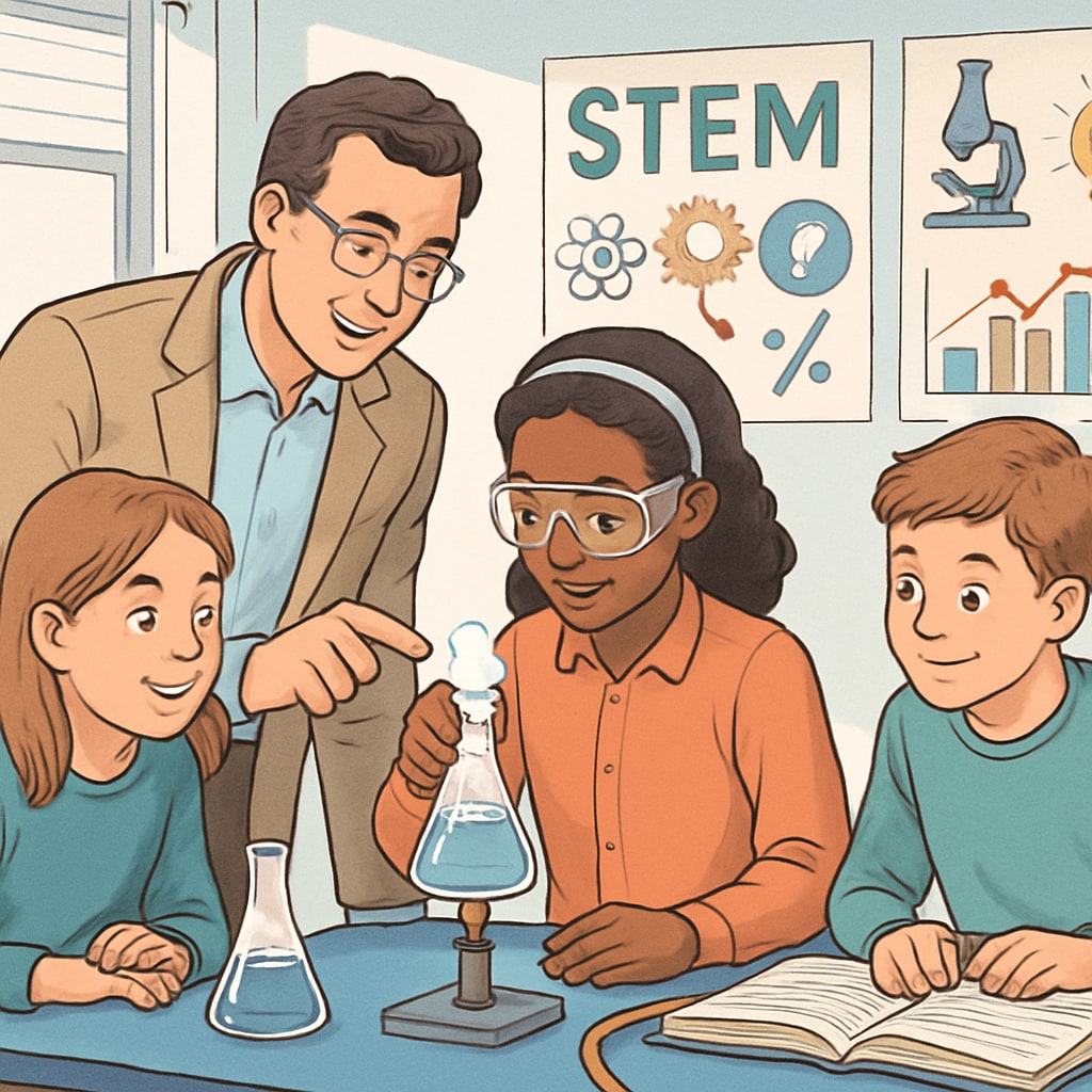 STEM experiment in a public school classroom with engaged students and their teacher.